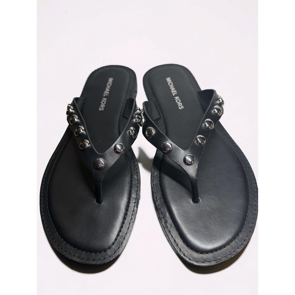 Michael Kors KOKO Flip Flops Black with Silver Leather upper Women's Size 8.5